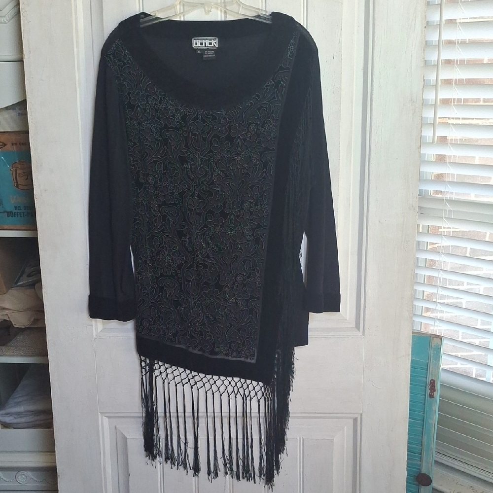 Berek Black Fringed Overlay With Velvet Trip Top